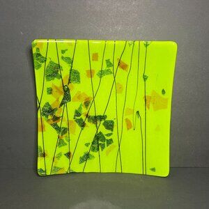 Art Deco Green Black Abstract Square Art Glass Lined & Glitter Flaked Plate 10"